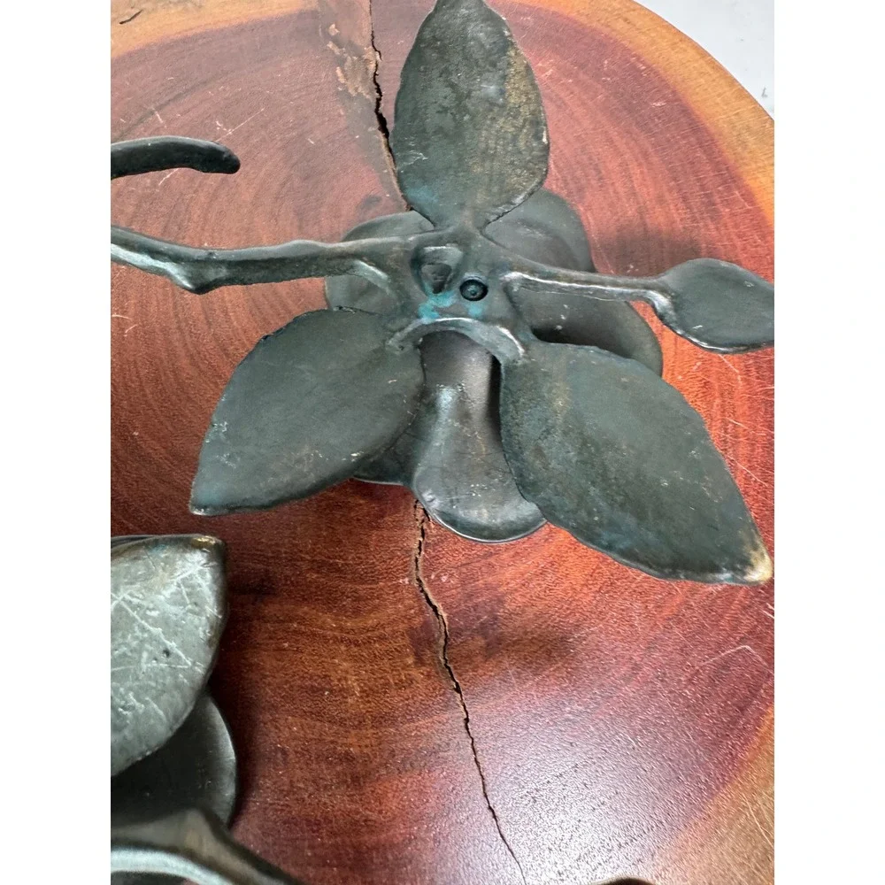 Bronze Magnolia Flower Branch Incense Cone Holders Pair Verdigris Patina Metal